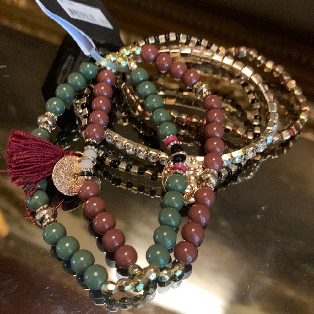 5 beaded Stretch Bracelet Set with Medallions and Tassel